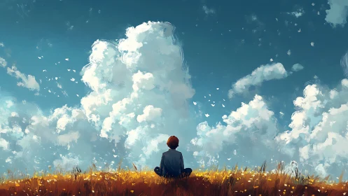 Solitary observer in chromatic meadow under cumulus sky.