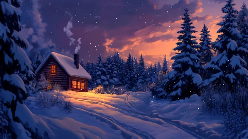 Snowy forest cabin at dusk with warm interior light.