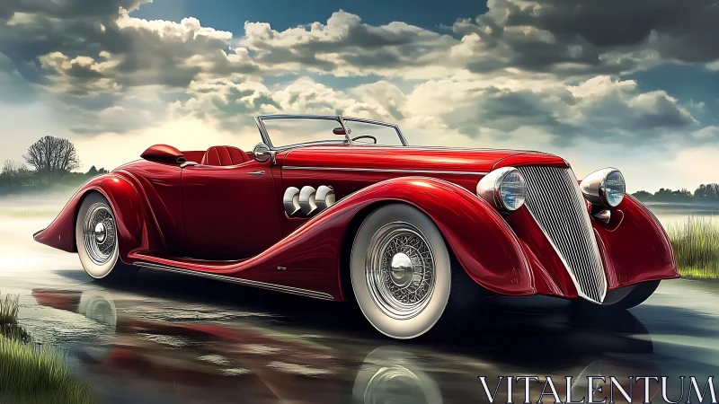 Red classic roadster parked on wet country roadside.
