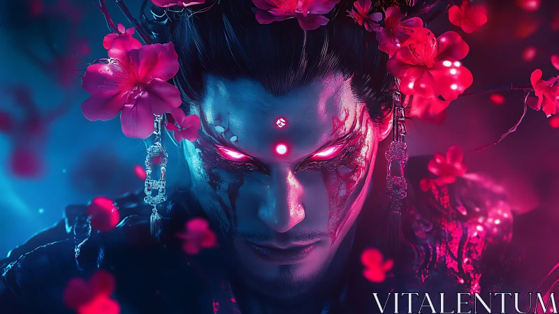 Demonic warrior with glowing eyes framed by red blossoms.
