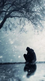 Solitary hooded figure in winter storm with reflective surface.