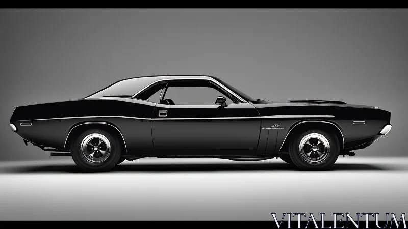 Side profile shows classic black muscle car in studio