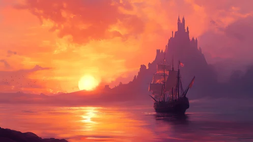 Sailing vessel approaches coastal fortress at low sunset light