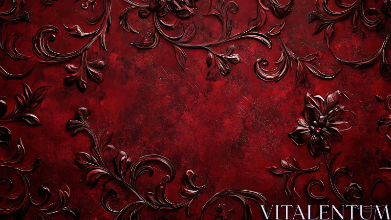 Deep red floral swirls create a rich ornamental frame