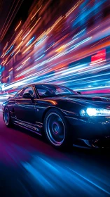 Black sports car racing through neon city streets at night.