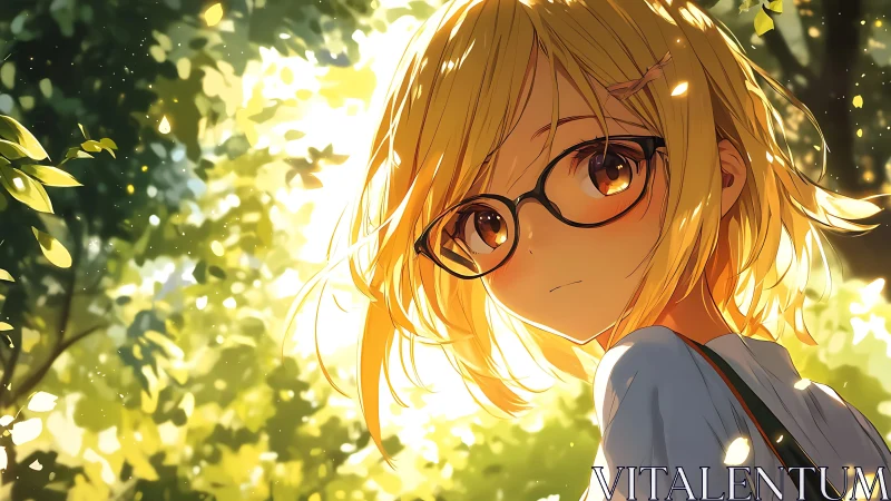 Girl with glasses in backlit forest environment illustration.
