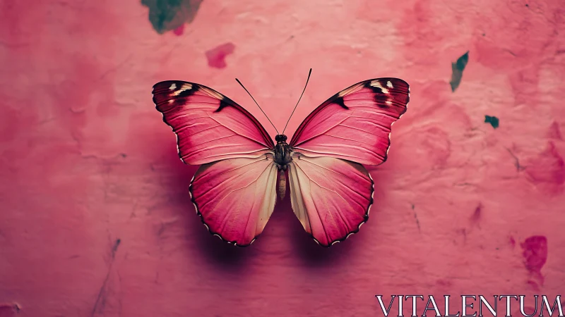 Pink macro butterfly on textured monochrome backdrop.