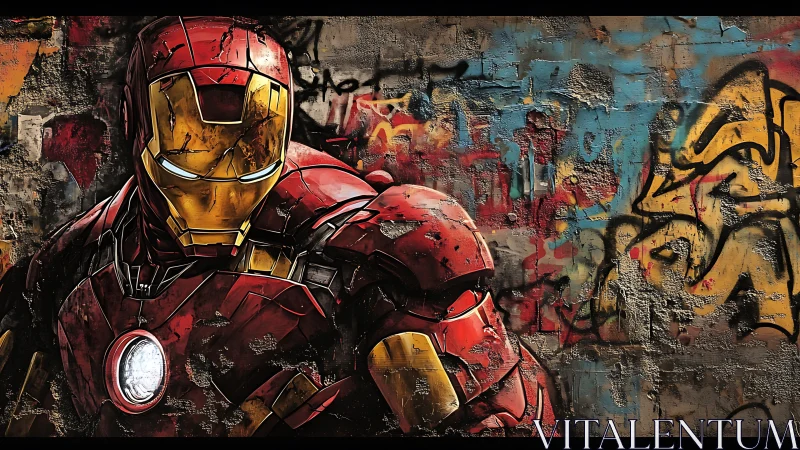Armored superhero rendered against distressed graffiti wall