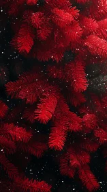 Crimson pine branches glow softly amid falling winter snow.