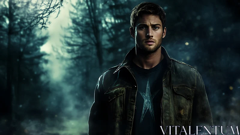 Man stands in dim forest environment with cinematic lighting