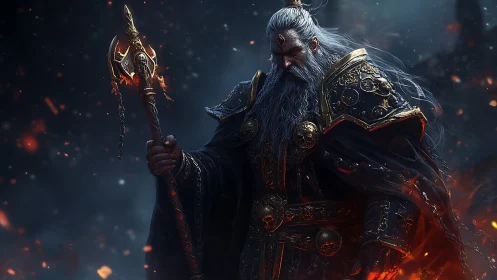 Elder war mage grips ornate staff amid drifting embers