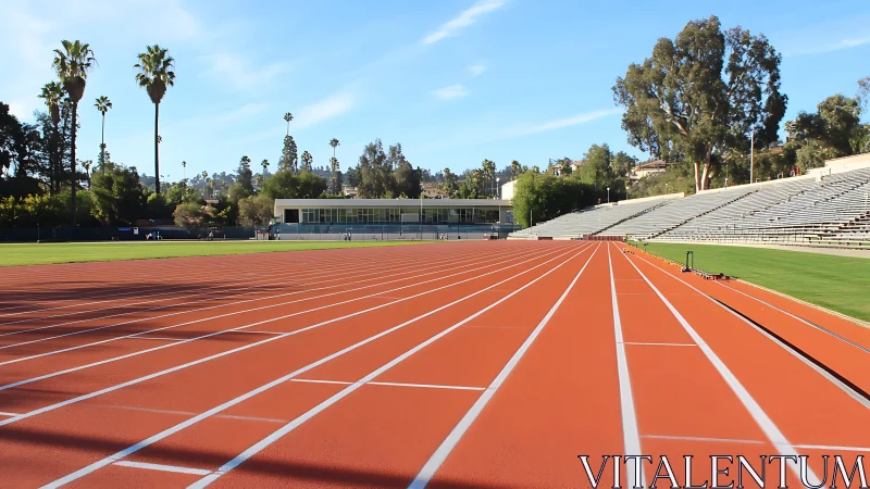 Sunlit athletics track lines lead toward modern stadium stands