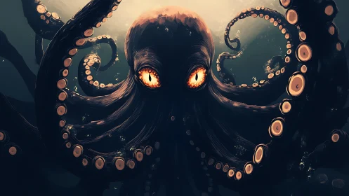 Abyssal ember-eyed kraken curls through liquid night.