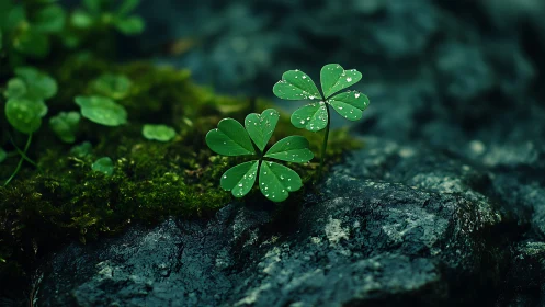 Two clover plants with water droplets stand on wet dark stone