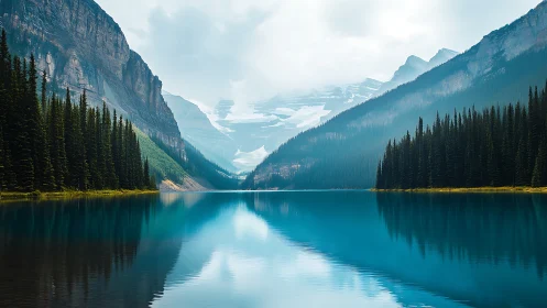 Glacial alpine lake with mirrored spruce forest and cliffs