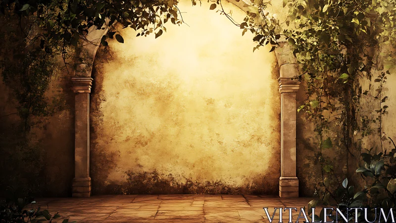Sunlit weathered courtyard wall with stone arch columns