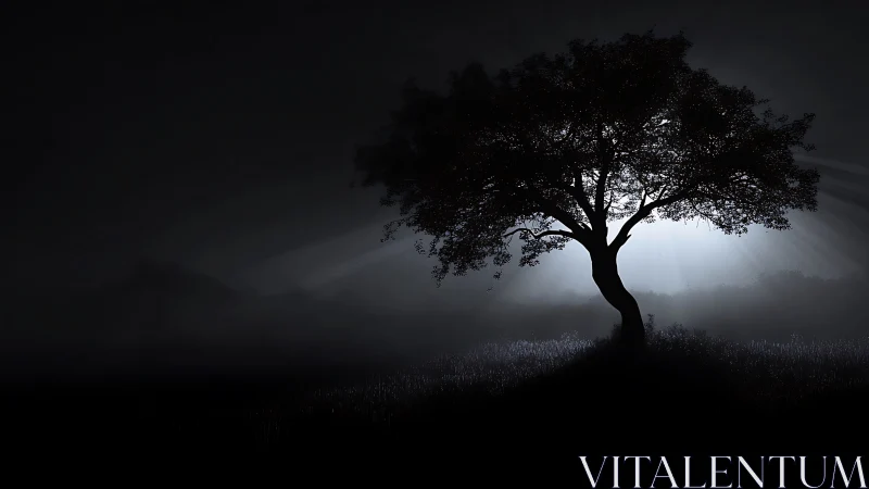 Isolated tree silhouette against diffuse monochrome backlight.