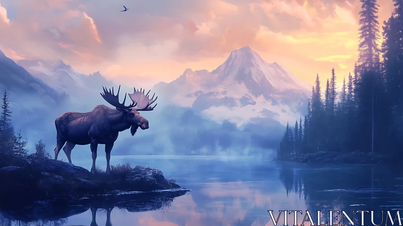 Digital painting of moose by alpine lake at dawn light.