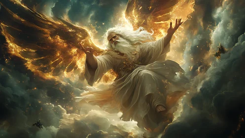 Radiant winged elder ascends through burning golden clouds.