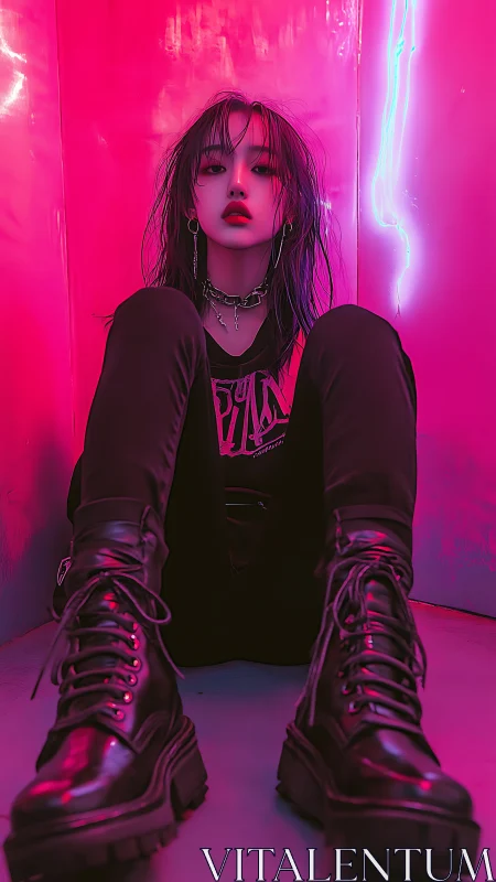 Neon-lit rebel girl rests in vivid cyberpunk corridor