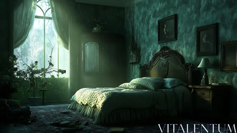 Moody digital painting of a Victorian bedroom with soft light.