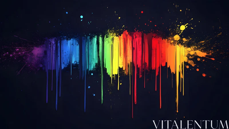 Vibrant dripping rainbow paint splash on dark background, abstract style.