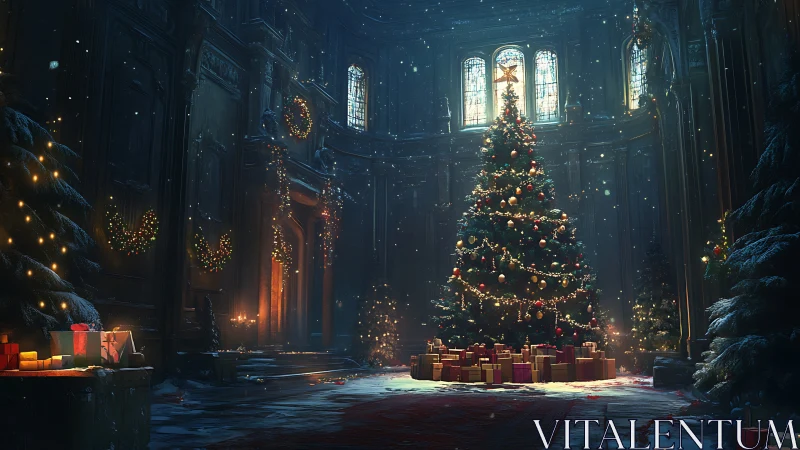 Grand winter hall aglow with magical Christmas warmth.