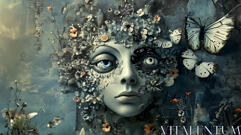 Surreal floral face merges with butterflies and decay.