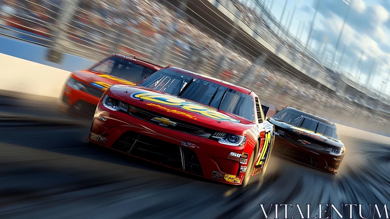 Stock cars slice high-speed line through banked oval turn.