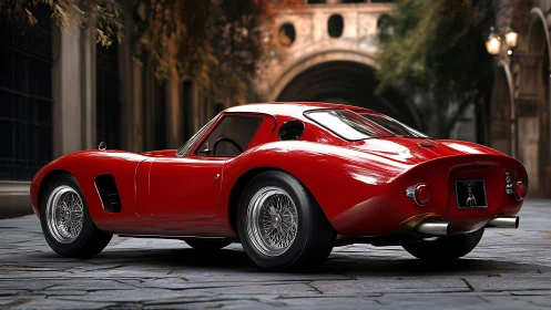Scarlet vintage sports car gleams in an old European street