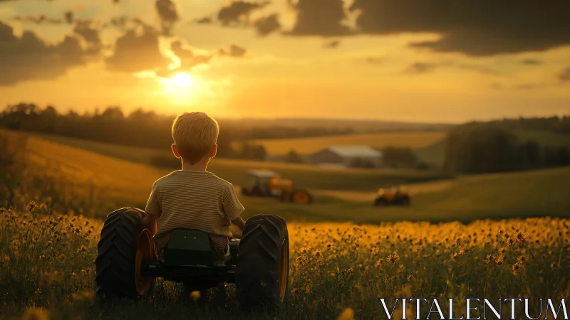 Young child on toy tractor watches glowing farm sunset.