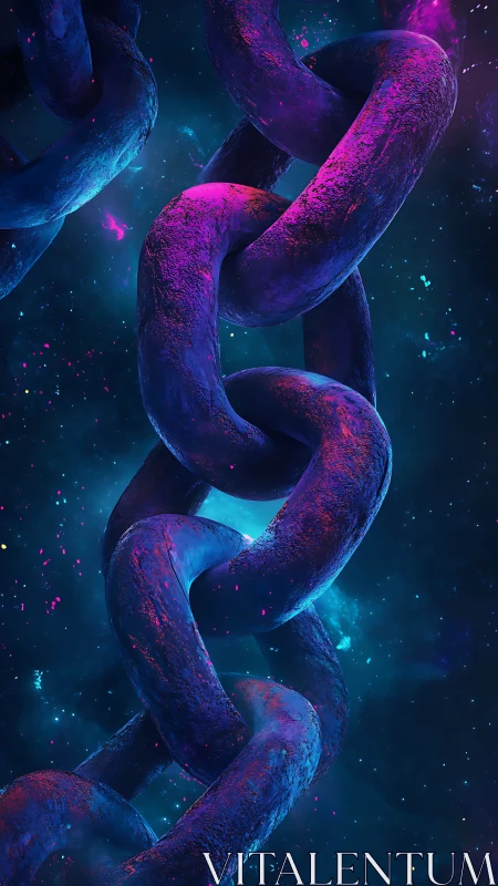 Neon cosmic chain links suspended in deep space glow.