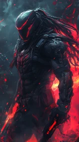 Cyberpunk armored sentinel in molten neon backlight profile.