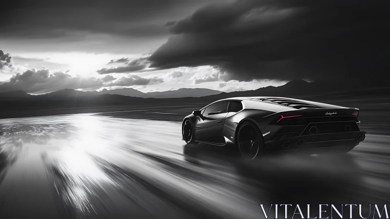 Stormlit supercar sprinting across a mirror-slick highway.