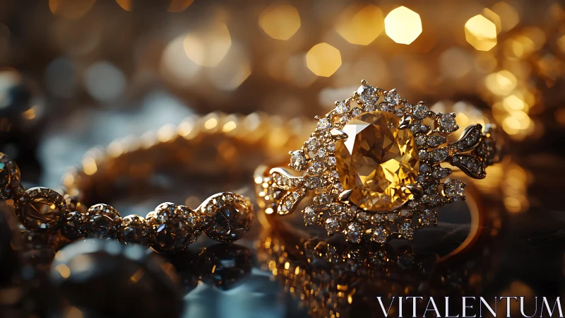 Close-up of ornate gold diamond ring on reflective surface