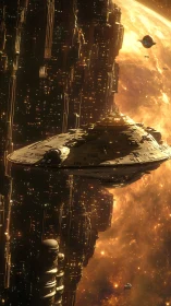 Massive star cruiser skims towering orbital megacity wall.
