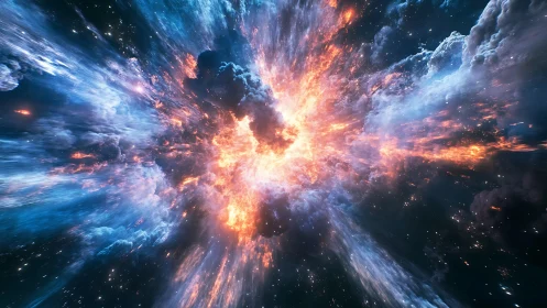 Stellar explosion with radiating fire and blue nebula clouds.
