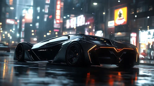 Futuristic black supercar stands in rainy neon city street