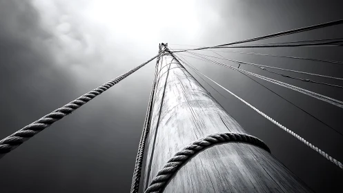 Tall ship mast rises toward overcast sky in stark monochrome