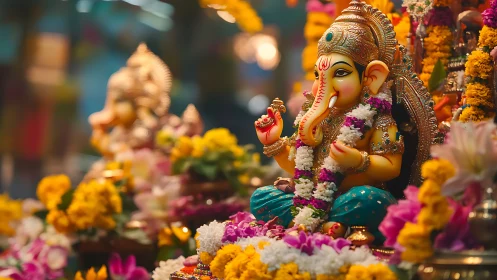 Floral-wreathed Ganesha idol glows in festive temple light