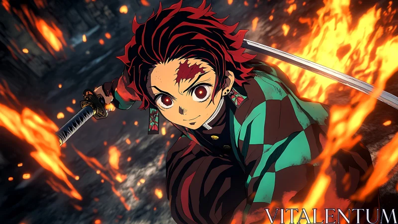Sword-wielding anime hero charges through dynamic flames.