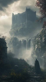 Lone traveler approaches a mist shrouded cliffside citadel at dusk