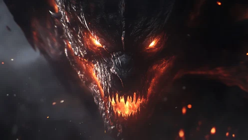 Demonic lava creature head with burning eyes emerging.