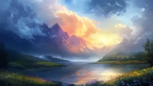 Radiant sunrise igniting tranquil alpine lake and peaks.