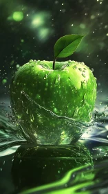 Green apple explodes through water with hyperreal droplets.