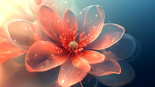 Luminous coral blossom drifting in a soft cosmic dawn.