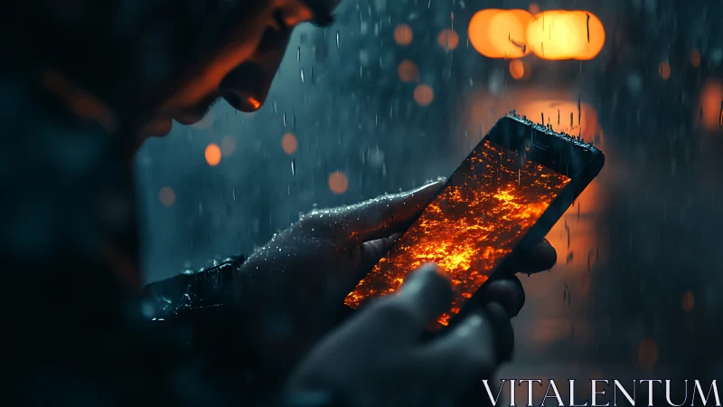 Smartphone Burning in Rain: Digital Destruction Metaphor