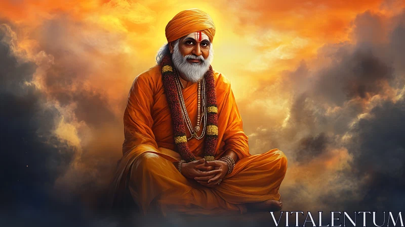 Meditative Hindu sage sits in radiant orange twilight cloudscape