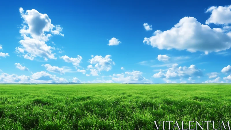 Open grass field under cumulus clouds and clear blue sky.