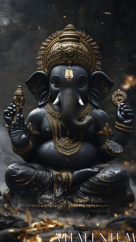 Dark stone Ganesha statue with ornate gold adornments.